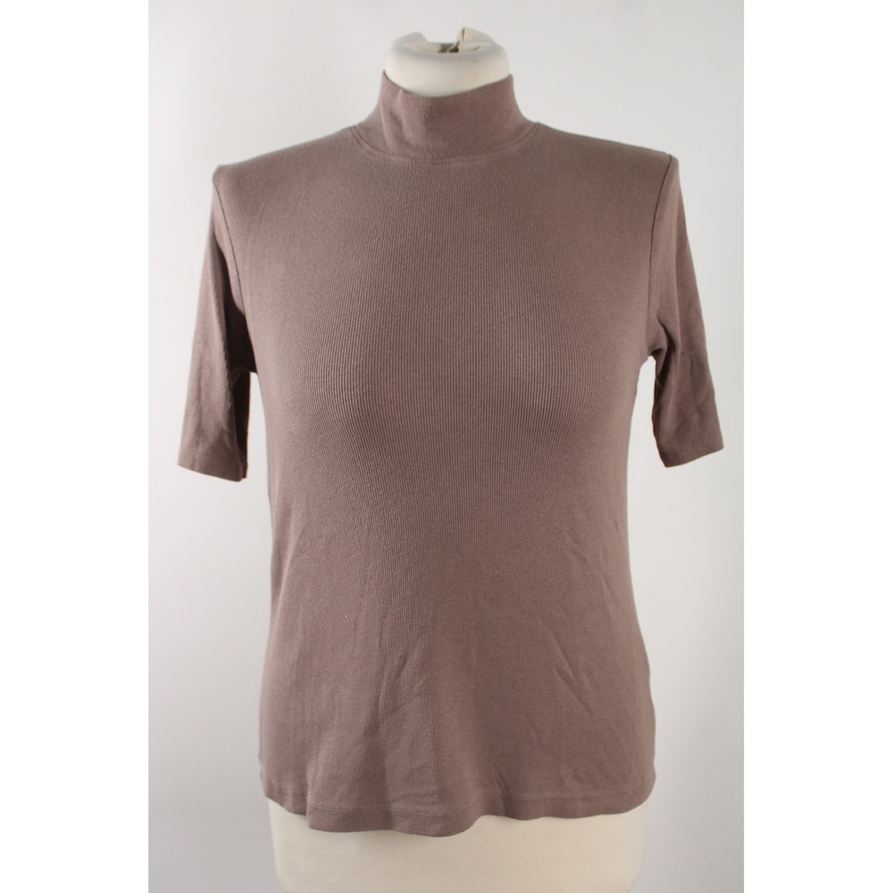 Joie M Mauve Brown Ribbed Mock Neck Short Sleeve Pima Cotton Modal Top